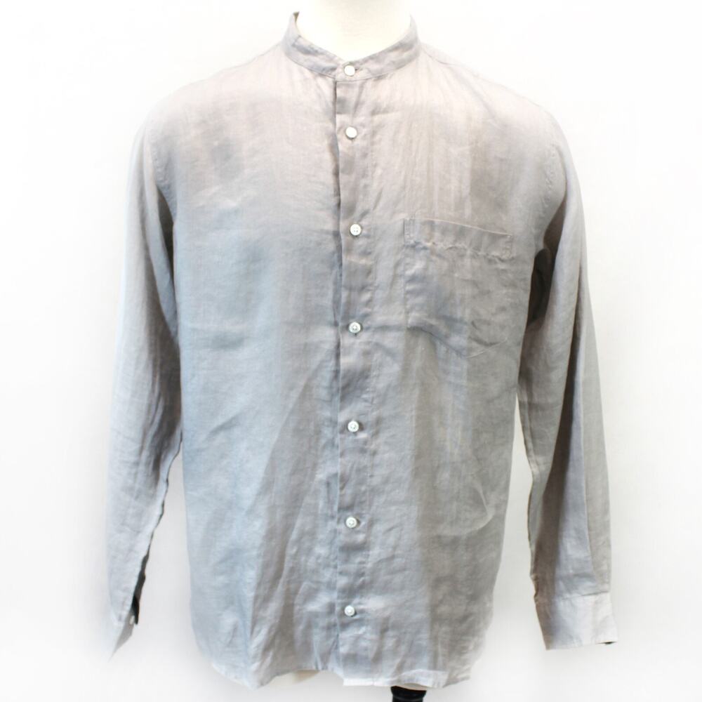 Classic Brown Mock Neck 100% Linen Long Sleeve Shirt XL